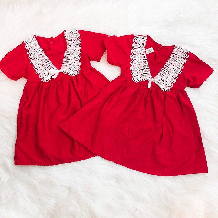 Đầm xòe đỏ cotton phối ren đáng yêu cho bé 1-7 tuổi chất nhẹ mát họa tiết đơn giản nhẹ nhàng Baby-S - SD067