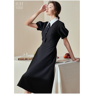 Đầm dáng xòe công sở phối cổ sơ mi trắng