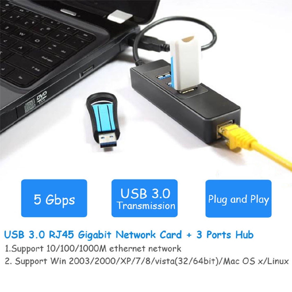 USB 3.0 1000Mbps Gigabit Ethernet Adapter USB to RJ45 Lan Network Card 3 Port USB3.0 Hub for Windows 7/8/10/XP Linux PC