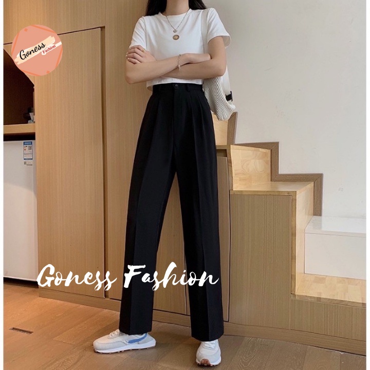 Quần ống rộng Goness 1 khuy lưng cạp cao baggy vải nữ dài suông loe culottes xuông nhiều màu QD01