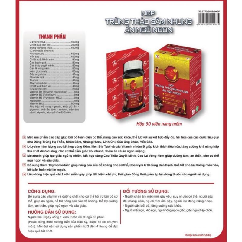 Trùng Thảo Sâm Nhung Ăn Ngủ Ngon NCP ( hộp 30 viên )