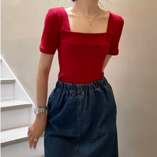 Áo dệt kim ZHELIHANGFEI tay ngắn cổ vuông gợi cảm thời trang