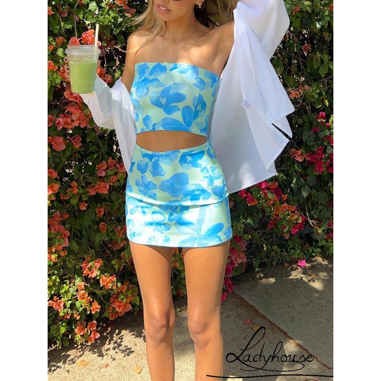 Bộ Áo Ống + Chân Váy Ngắn In Hoa Thời Trang Mùa Hè Cho Nữ