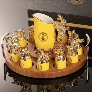 Khay gỗ bộ ly sứ 12 con giáp