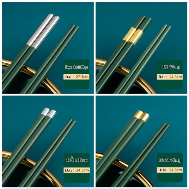 Bộ 5 đôi đũa xanh rêu hợp kim mạ vàng, mạ bạc sang trọng cao cấp