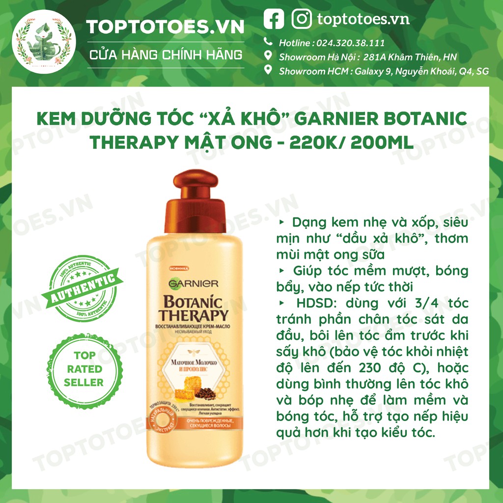 Ủ tóc và kem dưỡng tóc - xả khô Garnier Botanic Therapy Mật ong phục hồi sâu, bảo vệ và dưỡng tóc bóng mượt, vào nếp