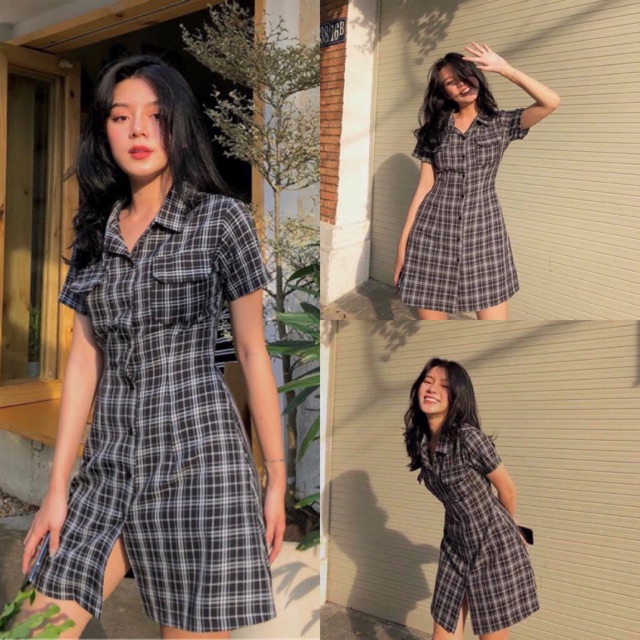 Đầm xinh sammy dress caro kiểu chất kate xịn chạy bo chun lưng cổ sơ mi đủ màu có túi trước ngực