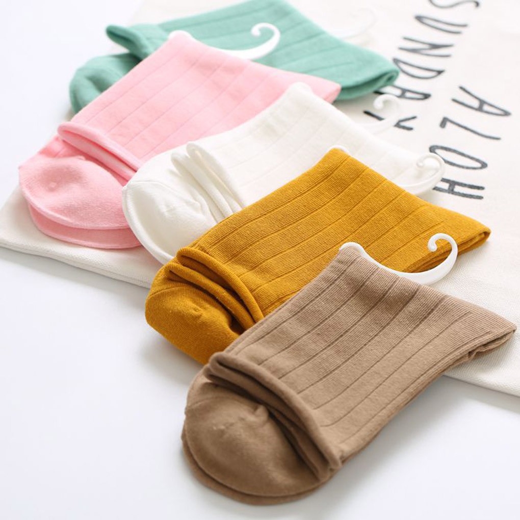 Women Girl Cotton Solid Color Loose Roll Up Casual Socks