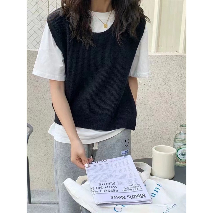 Áo gile nữ chất len cổ tròn xẻ vạt nhiều màu hàng Quảng Châu, áo gile len màu trơn basic Vintage Phong Cách Hàn Quốc