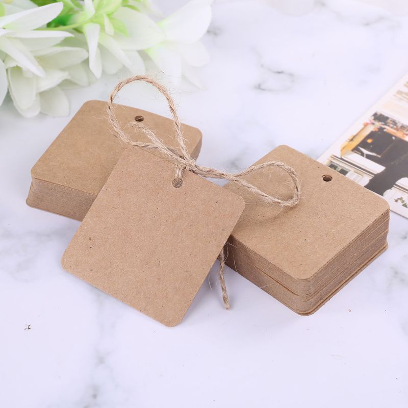 Set 100 Tấm Thẻ Giấy Hình Vuông Trơn Kèm Dây Đay 10m Đay Trang Trí Tiệc Cưới