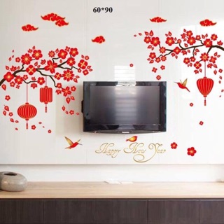 Decal dán tường mẫu cành đào đỏ chúc mừng năm mới