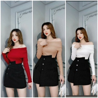 Set bộ nữ dễ thương áo kiểu cotton trễ vai và quần for giả váy cài nút thật xinh xắn thời trang THIA House