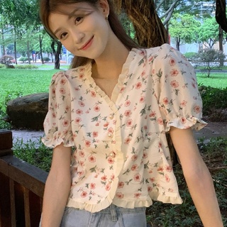 Áo croptop nữ kiểu, Áo babydoll nữ croptop màu trắng cổ v hoa nhí tay phồng 2022