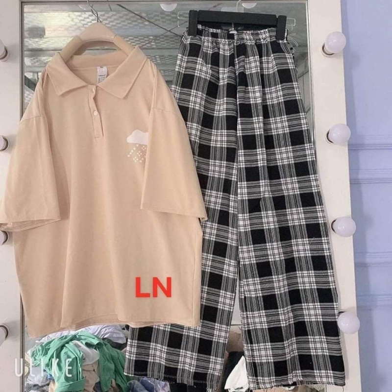 Sét áo polo hoa và thời tiết+quần kẻ LN11