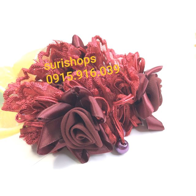 Cột tóc hoa hồng phối vải ren, Buộc Tóc Hoa Hồng Rose