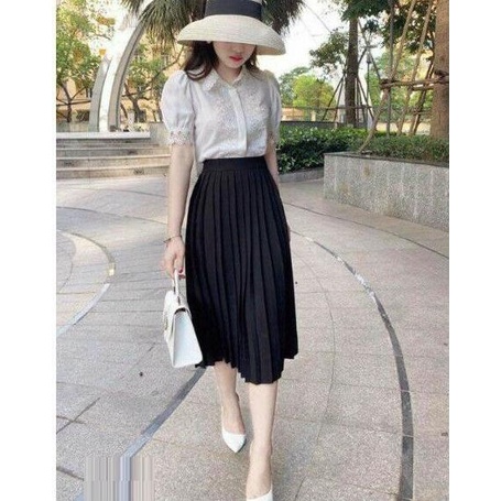 [QUÀ TẶNG LÀ CHUN TÓC NHIỀU MÀU CHO NỮ] Chân váy dáng dài qua gối xếp ly đen Junnie Closet thiết kế loại 1 | BigBuy360 - bigbuy360.vn