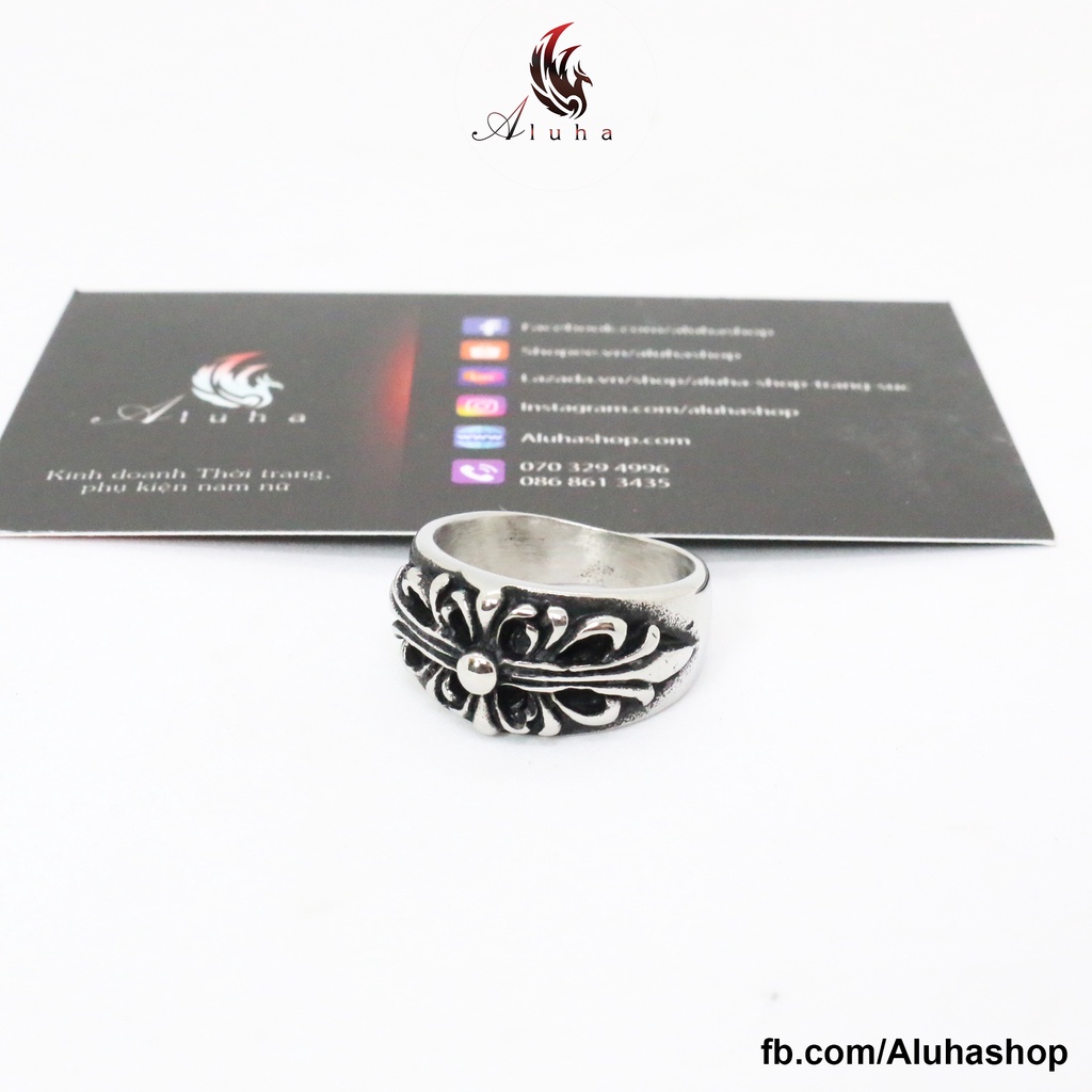 Nhẫn Titan không rỉ Chrome Heart tinh xảo họa tiết hoa thập giá Floral Cross - R096 - Aluha