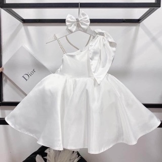 Váy lụa nơ ngọc kèm băng đô cho bé gái