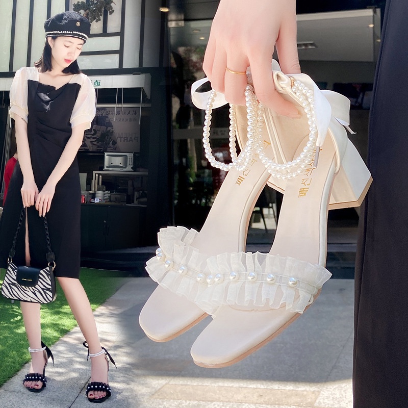 Giày sandal IELGY cao gót một dây quai ngang đính ngọc trai thoải mái thời trang Pháp cho nữ