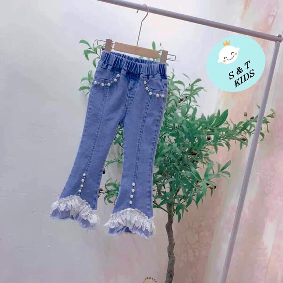 Quần jeans ống loe phối ren điệu đà cực xinh cho bé gái 16-28kg