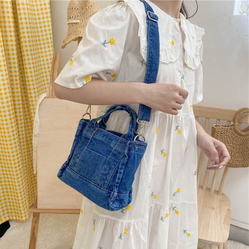 Túi đeo chéo vai bằng vải jean có dây đeo điều chỉnh phong cách retro dành cho nữ