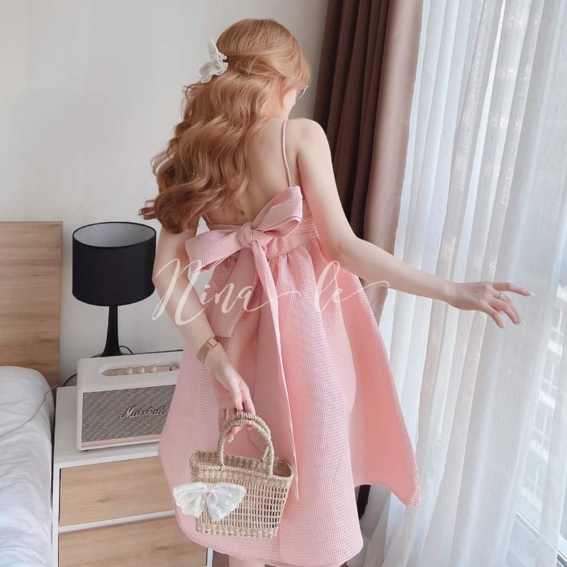Đầm babydoll xốp 2 dây nơ lưng