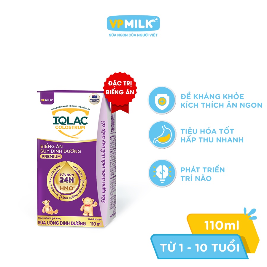 Thùng 48 hộp sữa uống dinh dưỡng VPMilk IQLac Colostrum biếng ăn, suy dinh dưỡng premium 110ml/hộp