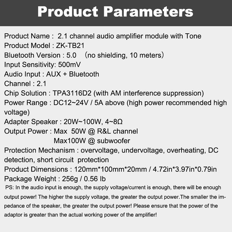 Bảng Mạch Khuếch Đại Âm Thanh Zk-Tb21 Tpa3116D2 Bluetooth 5.0 50wx2 + 100w 2.1
