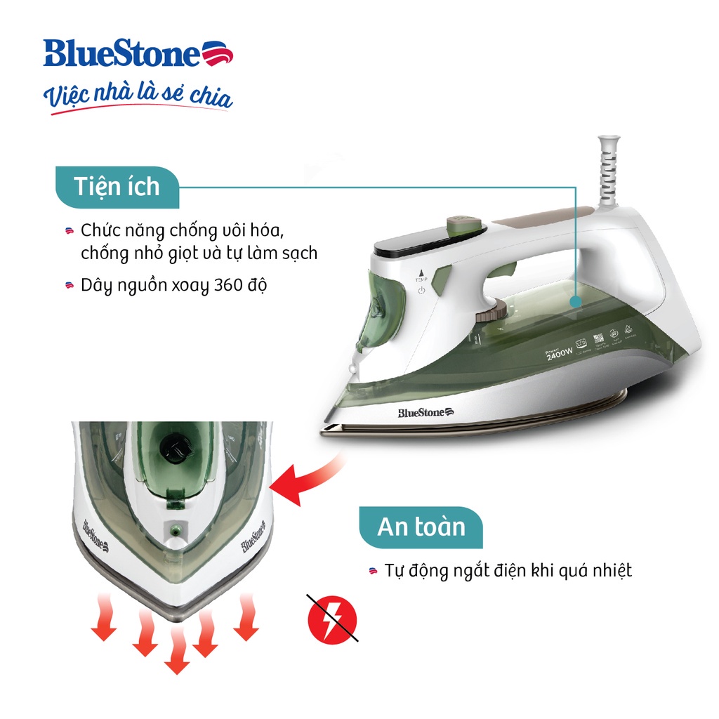 Bàn ủi hơi nước BlueStone SIB-3879,Công Suất 2400W, Màn LCD hiển thị thông số, Bảo Hành Chính Hãng 2 Năm