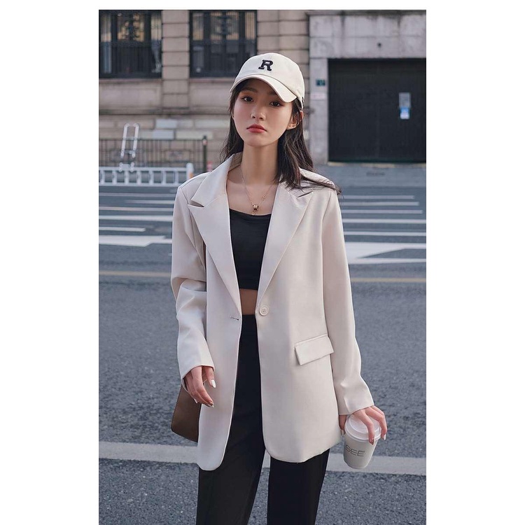 Áo Khoác Vest Màu Đen Dáng Rộng Cài Khuy Kiểu Anh Thời Trang Xuân Thu Cho Bạn Gái