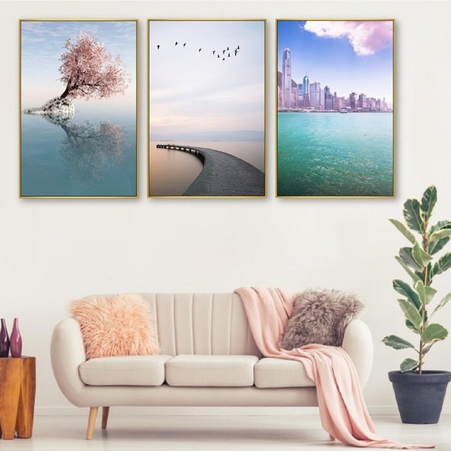 Bộ 3 tranh treo tường canvas Lala biển xanh chủ đề phong cảnh thiên nhiên kèm đinh 3 chân không khoan tường