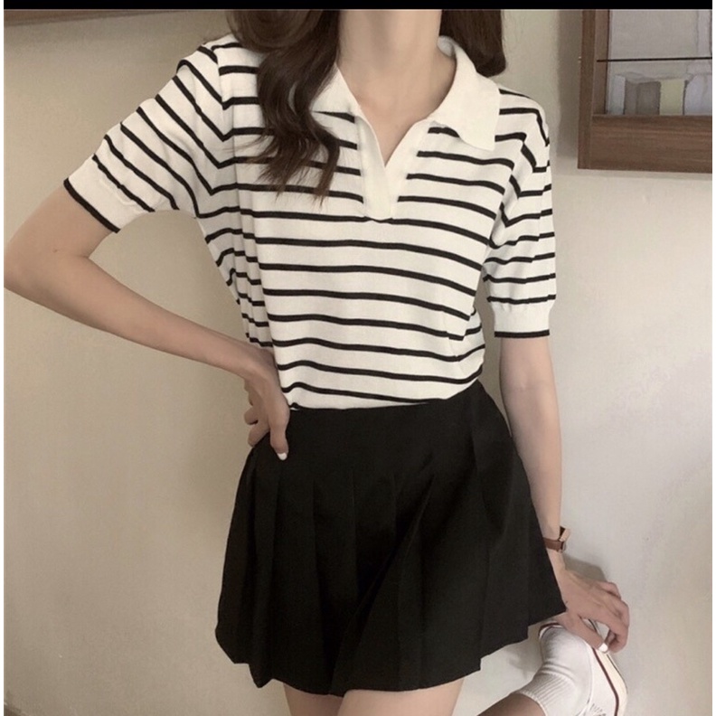Áo thun dệt kim polo cổ xẻ V  kiểu dáng basic phong cách Hàn Quốc