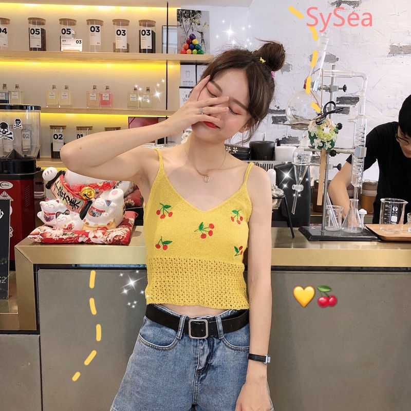 Áo Hai Dây Cổ Chữ V Thêu Hình Trái Cherry Xinh Xắn Cho Nữ