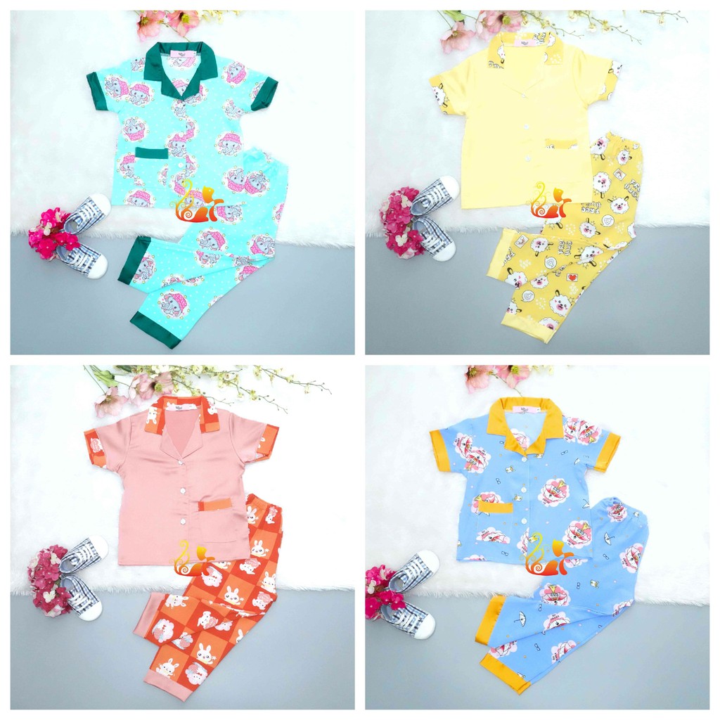 Combo 3  Bộ Pijama Satin Lụa Hàn Phối Quần Dài Cho Bé Ngẫu Nhiên - Từ 12kg - 42kg.