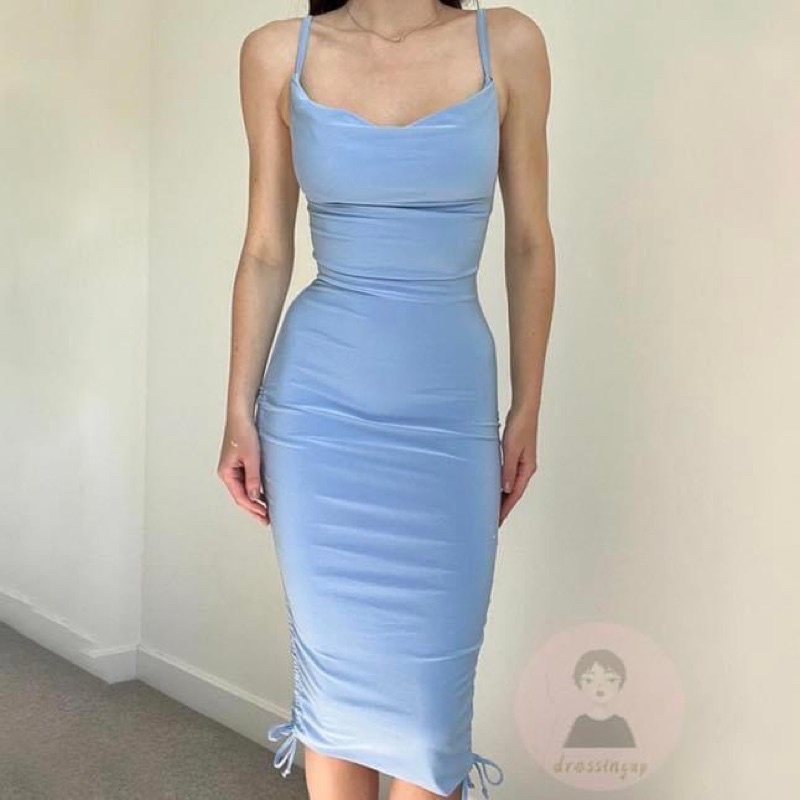 Đầm hai dây yếm mặc được hai kiểu voan ôm sát body dài dây rút eo trơn đi tiệc - Order taobao quảng châu