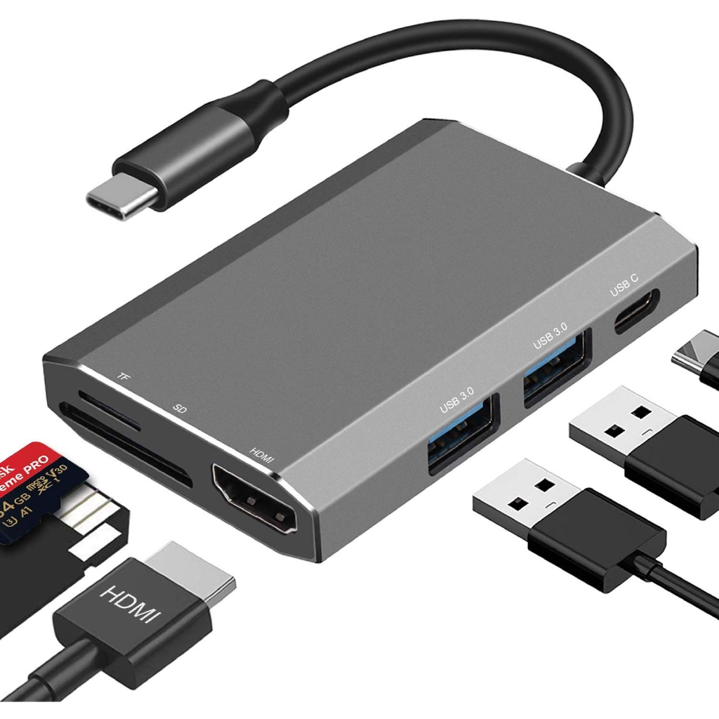 Thiết bị kết nối sạc pin TYPE-C 4K USB-C và HDMI 6 trong 1 tích hợp đọc thẻ SD/TF 2 cổng USB 3.0