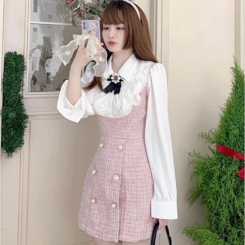 Đầm dạ tweed hồng kim tuyến phối cổ bèo ren TẶNG Tag Cài NÀNG CLOSET