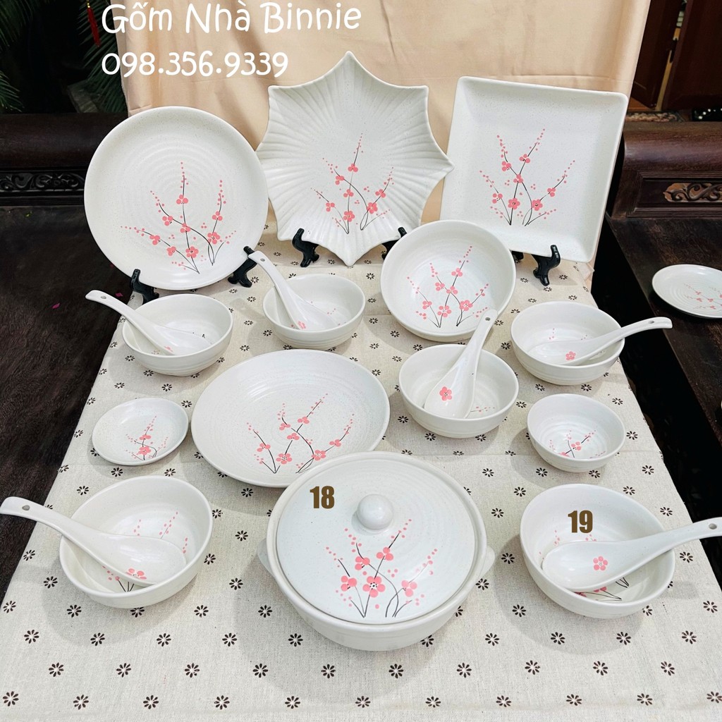 Bát đĩa sứ trắng Bát Tràng dùng trong gia đình hoạ tiết hoa đào