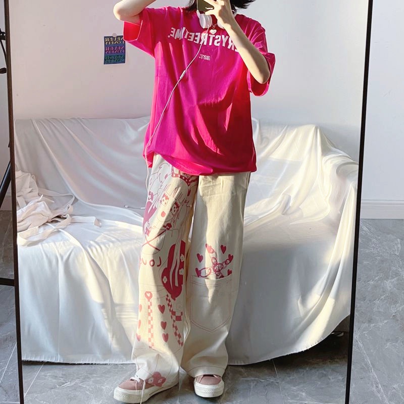 Quần ống rộng In Họa Tiết Hoạt Hình Anime Nhật Bản Hai Chiều Màu Trắng Hồng Phong Cách Hip Hop Cho Nữ