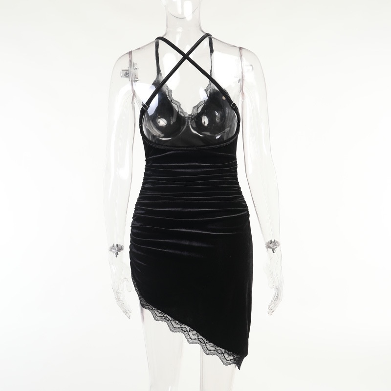 DUNEA Đầm Nhung Cổ Chữ V Phối Ren Quyến Rũ Thời Trang Dành Cho Nữ