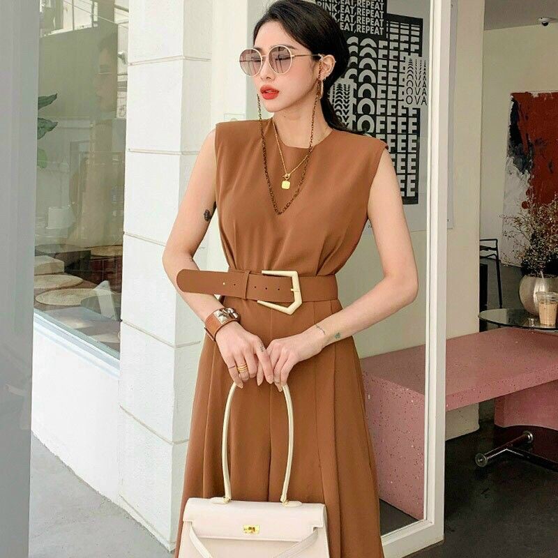 Jumpsuit dài xẻ tà, vải lụa, màu cam đất sang chảnh kèm nịt, đủ size mặc đi tiệc, đi chơi