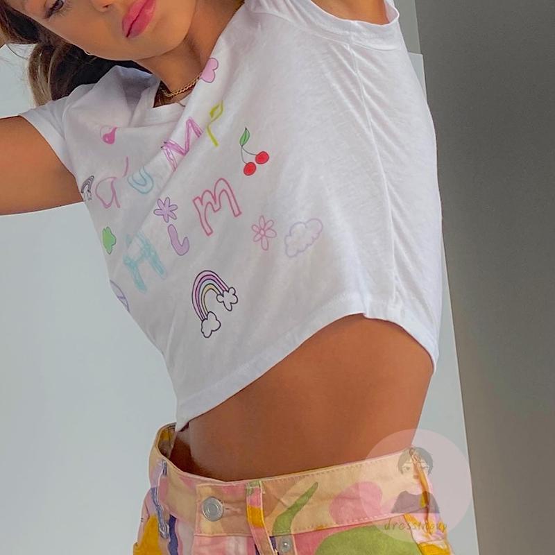 Áo Thun Tay Ngắn Cổ Tròn Dáng Ôm In Họa Tiết Hoạt Hình Thời Trang Mùa Hè Cho Nữ