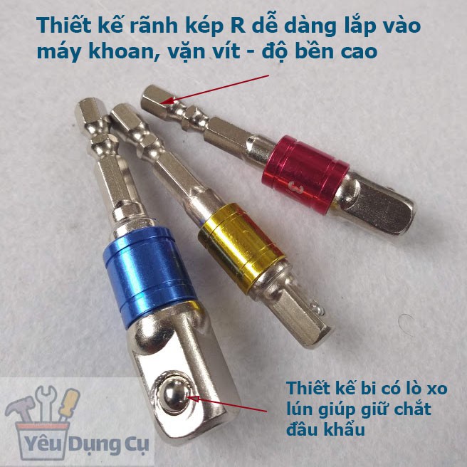 Đầu chuyển vít sang khẩu Bulong  3 kích cỡ 1/4 3/8 1/2  lắp cho máy khoan và máy bắt vít