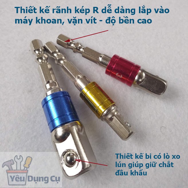 Sét 3 Đầu chuyển lục giác Bắn Vít sang Bulong 3 kích cỡ 1/4 3/8 1/2 (dài 7cm)