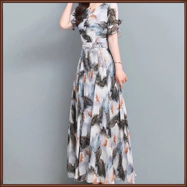 Đầm Midi Chữ A Tay Ngắn Cổ Tròn In Họa Tiết Hoa Thời Trang Mùa Hè Cho Nữ