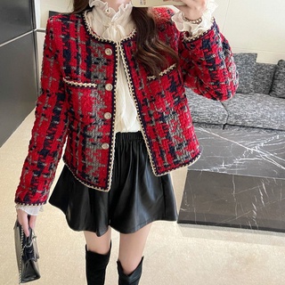 (SẴN) Áo dạ tweed đỏ viền