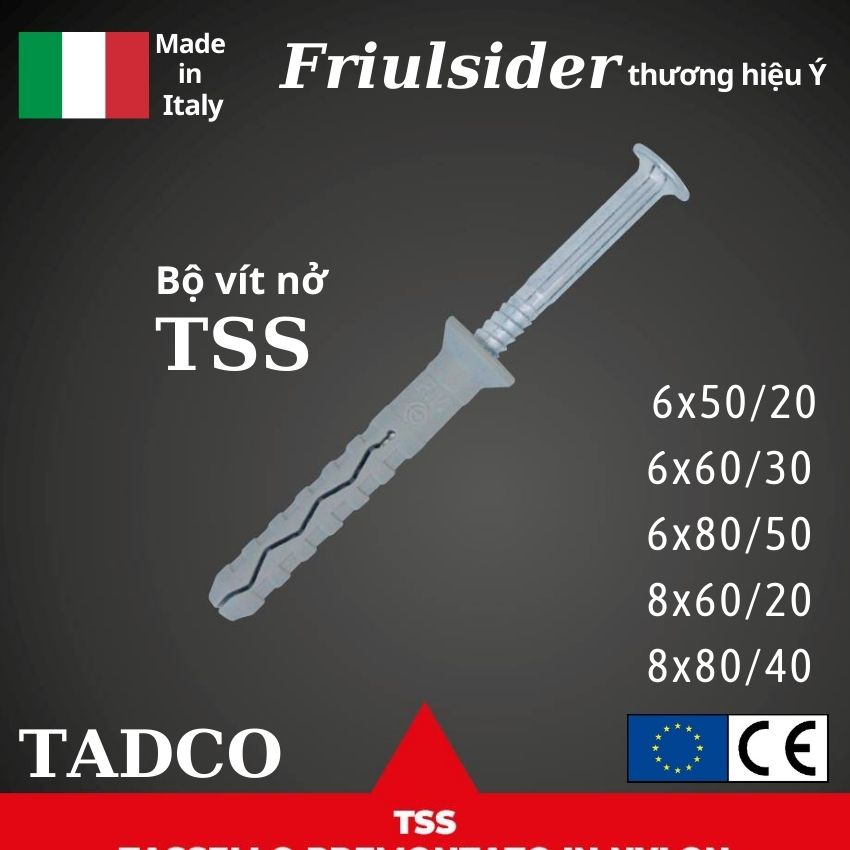 [10 bộ] Tắc Kê Nở Nhựa Ý cao cấp 6li , 8li TSS Friulsider - dạng búa đóng dễ lắp đặt