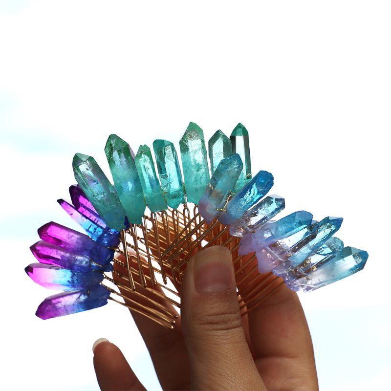 Lược Cài Tóc Mini Đính Đá Thạch Anh Pha Lê Màu Gradient Phong Cách Boho Cho Cô Dâu