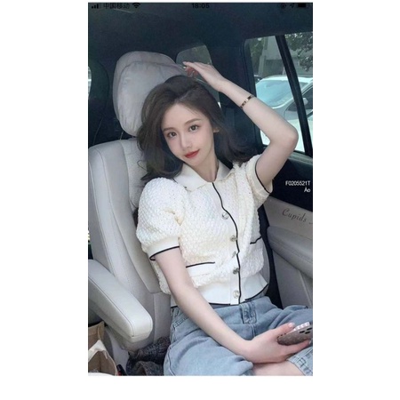 Áo len nút hai túi phối viền khác màu tay ngắn hàng Quảng Châu 0205