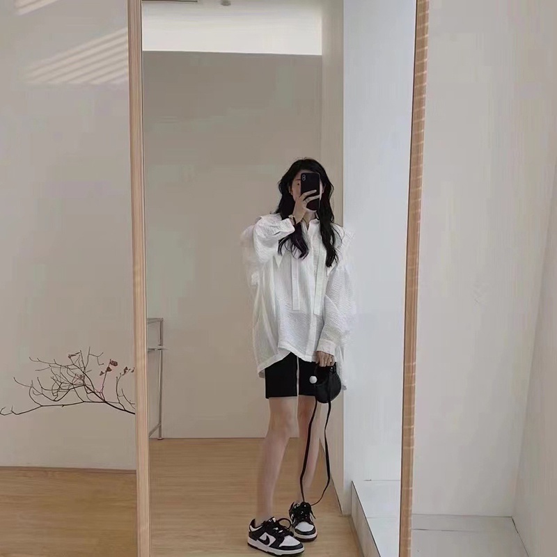 IELGY    Áo Sơ Mi Dài Tay Màu Sắc Trơn Phong Cách Hàn Quốc Cho Nữ